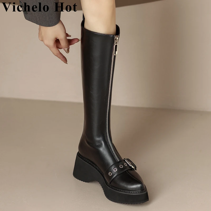 

Vichelo Hot Cow Split Leather Pointed Toe Thick High Heels Riding Boots Front Zipper Rivets Winter Belt Buckle Thigh High Boots
