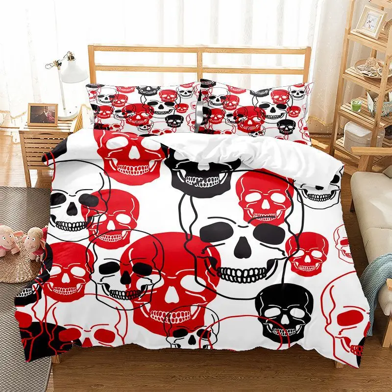 

Skull Duvet Cover Set 3D Print Red Black Skull Terror Theme King Queen Twin Full Size Polyester Comforter Cover for Kids Boys