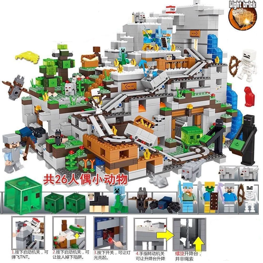 

My World Building Block Minecrafted The Mountain Cave With Elevator Waterfall Figures Bricks Education Toy For Kids Gift