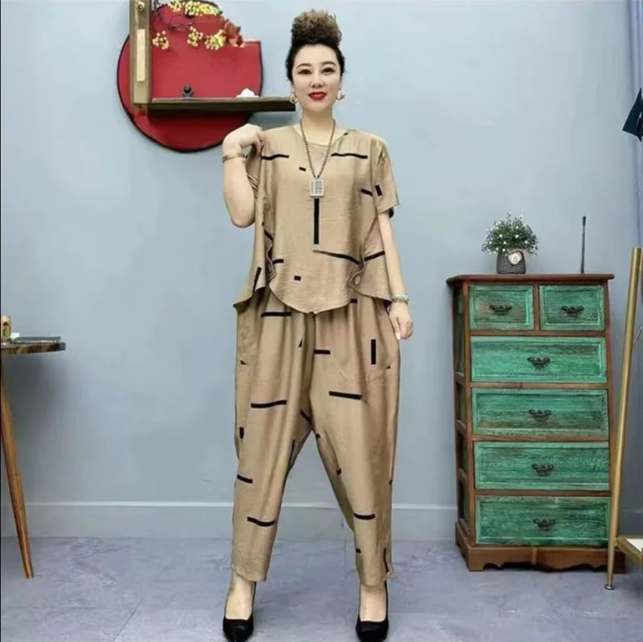 

Beardon Summer Women's Trousers Suit Fashion Loose Short Sleeve Two Piece Suit Striped Cotton Linen Wild T-shirt Pant Sets 2023