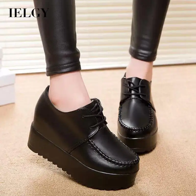 

IELGY Sponge Cake Loafers Women's Round Toe Casual Lace