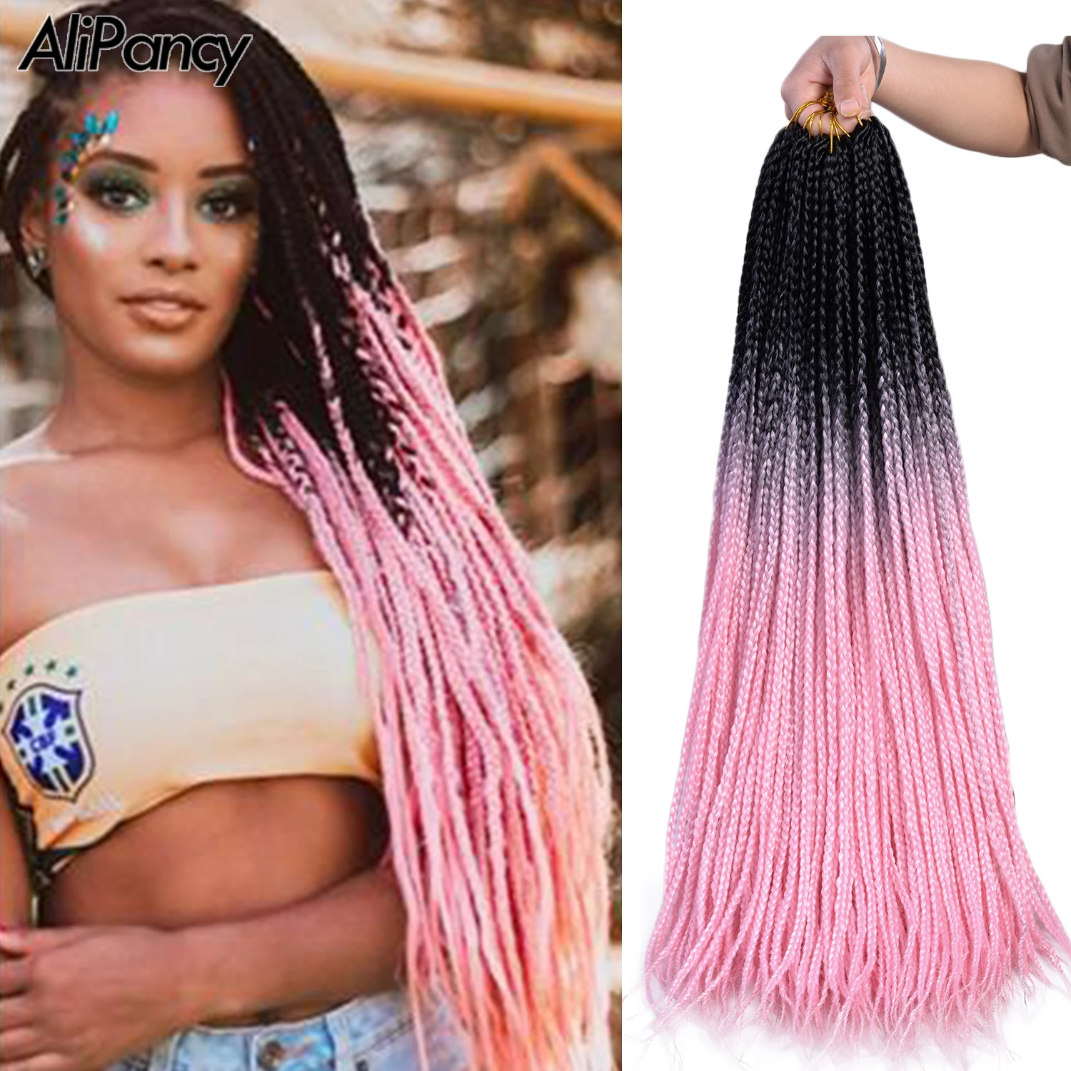 

24inch Synthetic Box Braids Ombre Braiding Hair Extensions Freetress Crochet Hair For Women For Kids Rainbow Braid Hair Pink