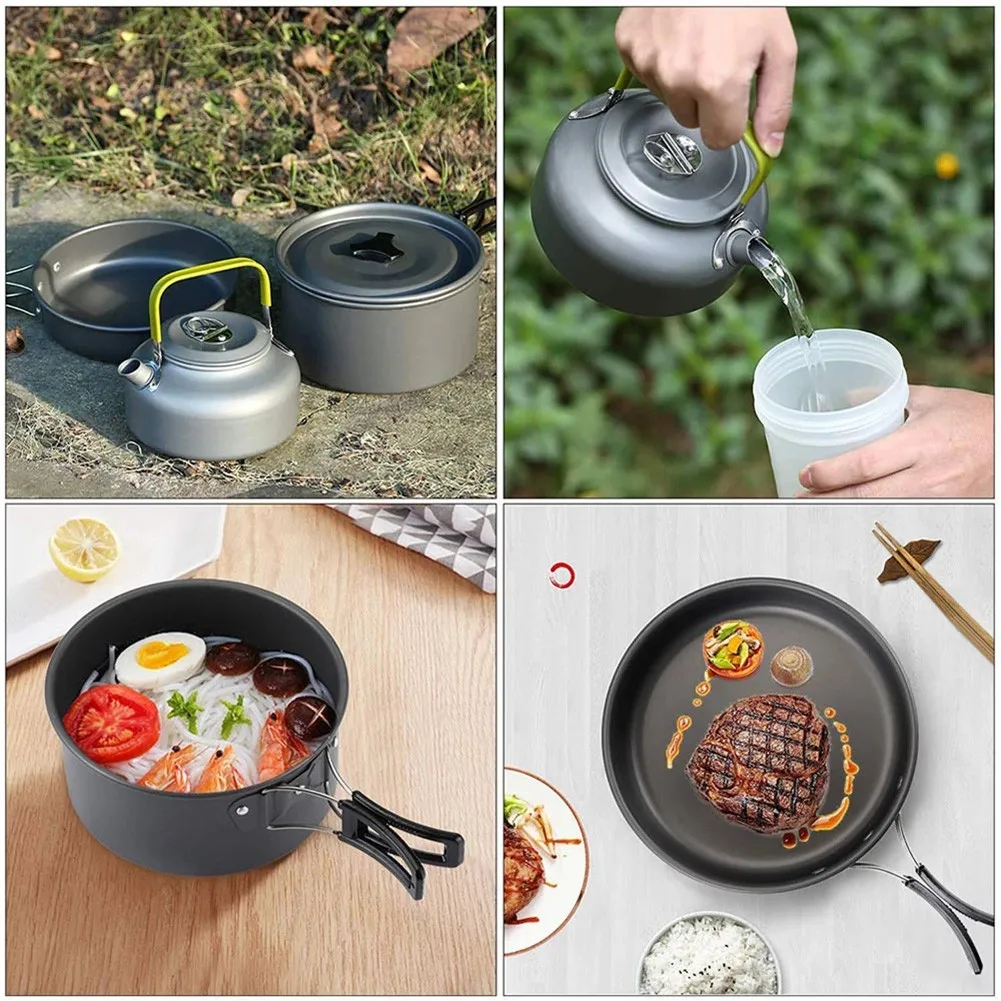 

Portable Camping Cookware Kit Outdoor Picnic Cooking Equipment Pans Kettle 2-3 Person Set Pot Plus Teapot Cooker For Hiking
