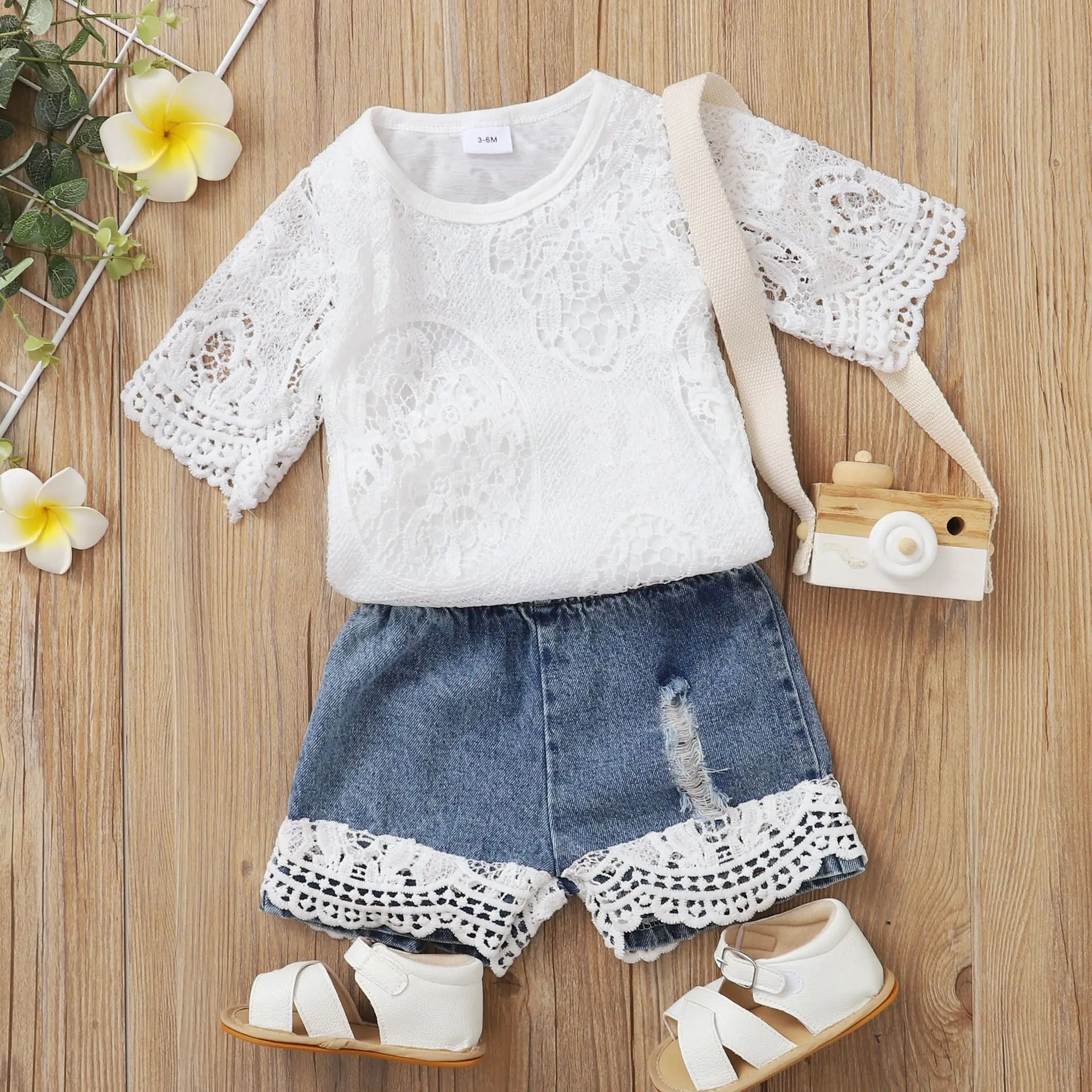 

Kids Baby Girl Clothes Set Summer Solid Lace Flower Short Sleeve Tops with Short Ripped Jeans Toddler Infant Fashion Suit