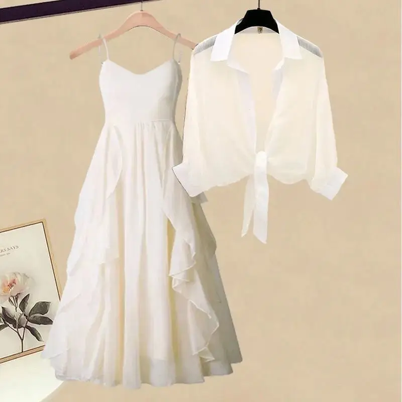 

Women Summer Clothing Suits Female Fashion Long Sleeve Shirt Skirts and Mesh Dress Set Girls Mesh Casual Dresses Outfits G322