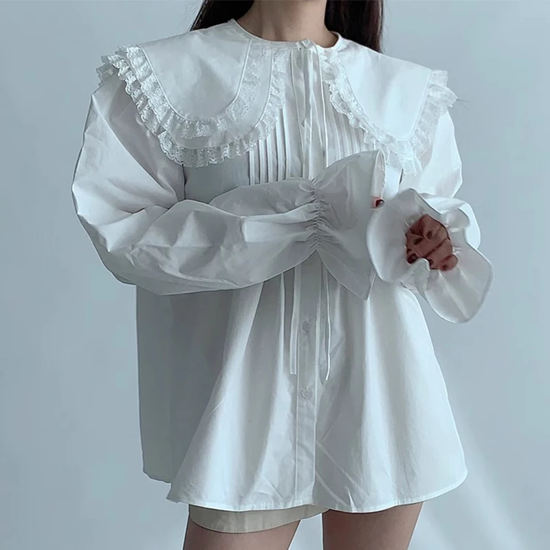 Блузка женская кружевная с лацканами элегантная нежная плиссированная рубашка