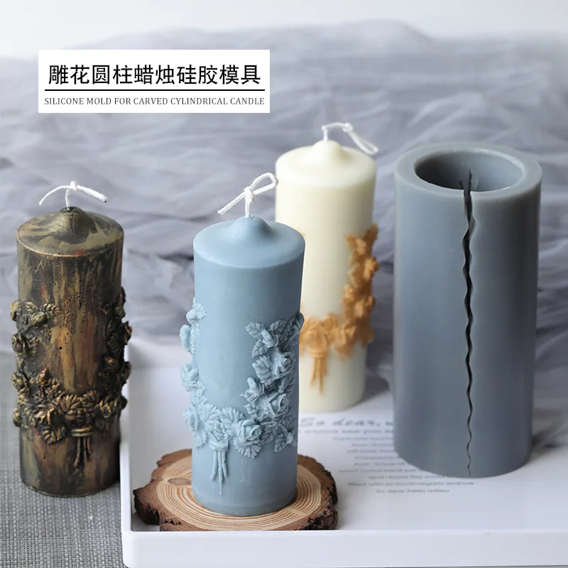 

Carved cylindrical candle mold European style fancy retro carved magic ritual scented candle silicone mold