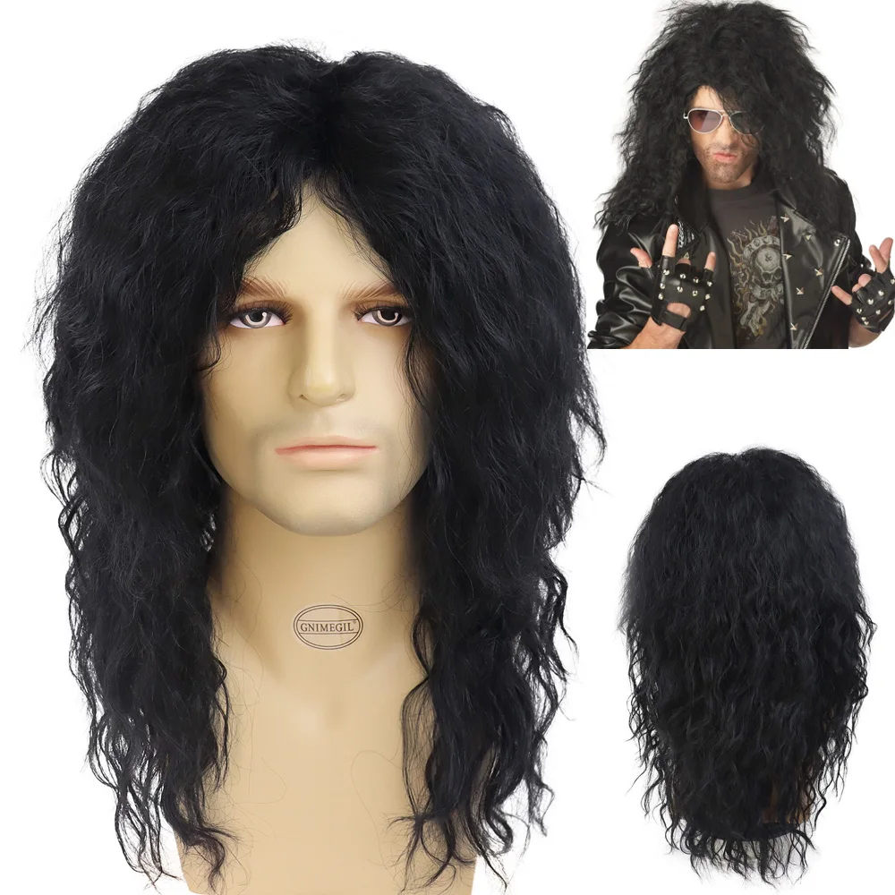 

GNIMEGIL Long Synthetic Hair Wig Black Punk Puffy Headgear for Halloween 80s Men Smart Rocker Style Wig California Costume Wigs