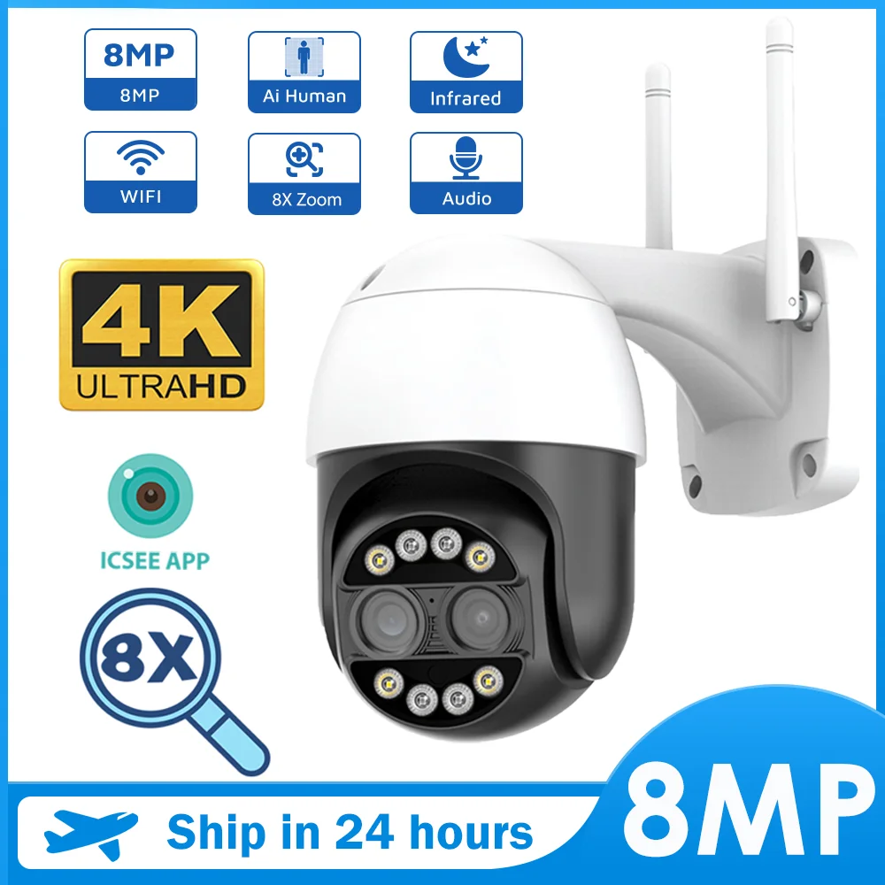 

8MP 4K Dual-Lens Wifi PTZ IP Camera ICsee 4MP Outdoor 8X Digital CCTV Camera Human Detection Security Video Surveillance Camera