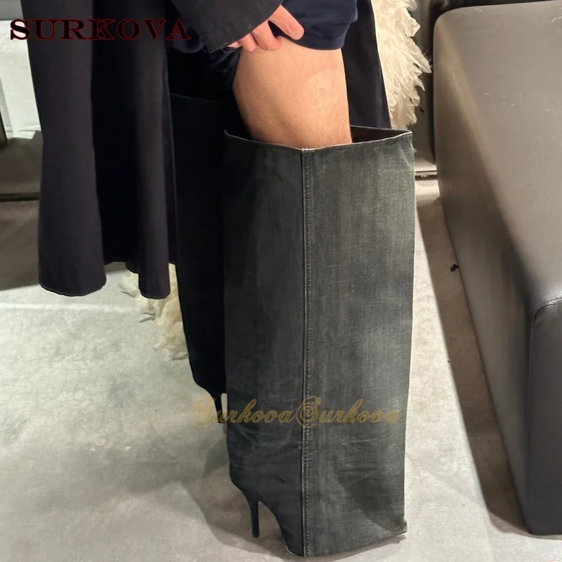 Джинсовые свободные сапоги до колена прямые роскошные модные на шпильке с острым