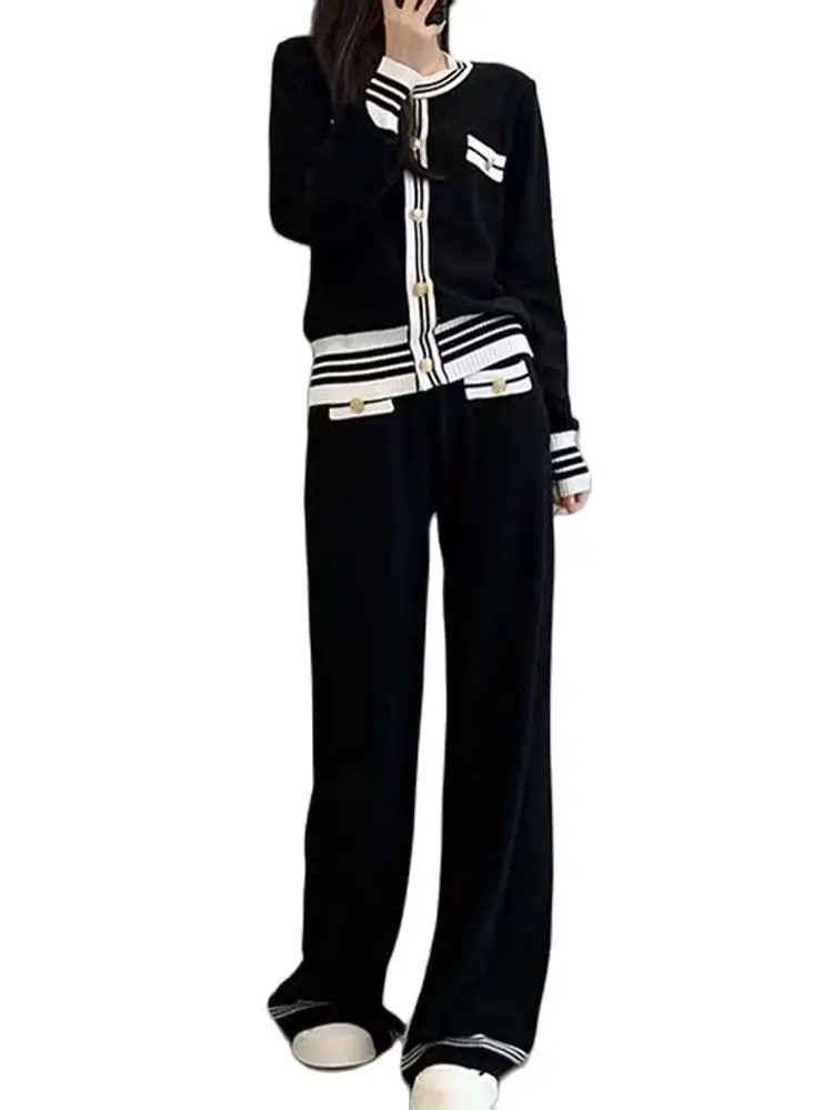 

Casual knitted suit 2022 spring knitted long-sleeved cardigan + wide-leg pants two-piece fashion women's clothing