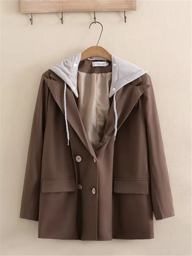 Плюс Размер Женский Блейзер С Капюшоном Длинным Рукавом Новый Лацкан Двубортный