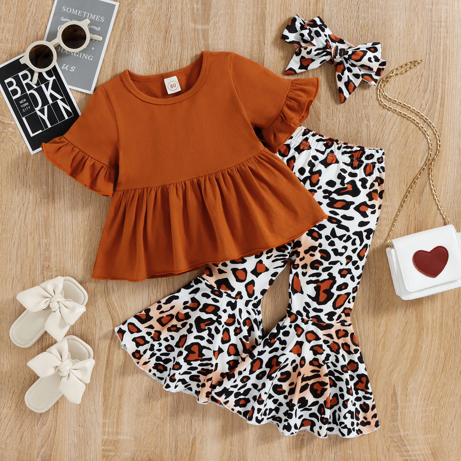 

Toddler Girls Ruffles Short Sleeve Tops Leopard Printed Flare Pants Headbands Baby Girl Clothes 12 18 Months Girl Clothes 4t