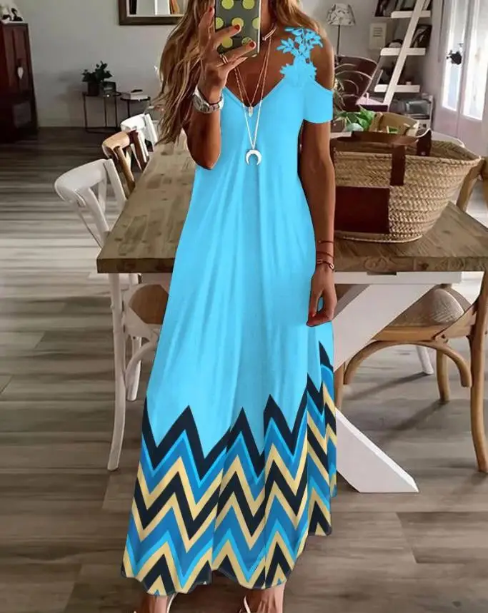 

Women's Dresses Chevron Print Contrast Lace Cold Shoulder Maxi Dress Short Sleeve Casual Daily Vacation Dress