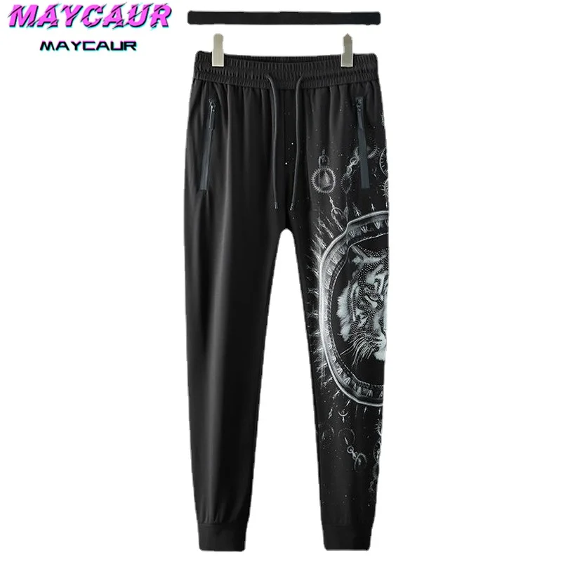 Men's Sets Fashion Clothes T-shirt Trousers Hot Drill Tiger Head Sports Ice Silk Casual Wear Two Piece Set Summer  Sport Wear