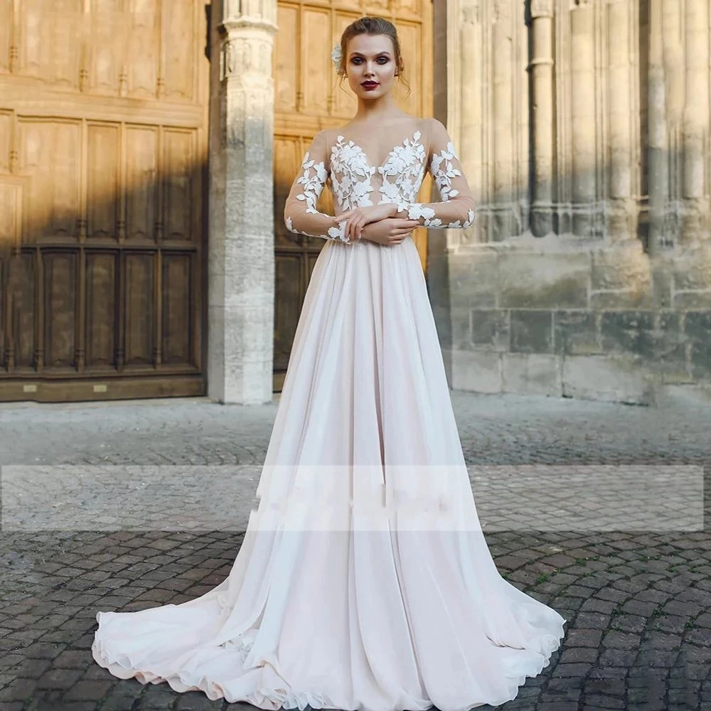

Classic Chiffon V Neck Wedding Dress 2022 Lace Appliques Long Sleeve Backless Sweep Train For Elegant Women Bridal Gowns A Line