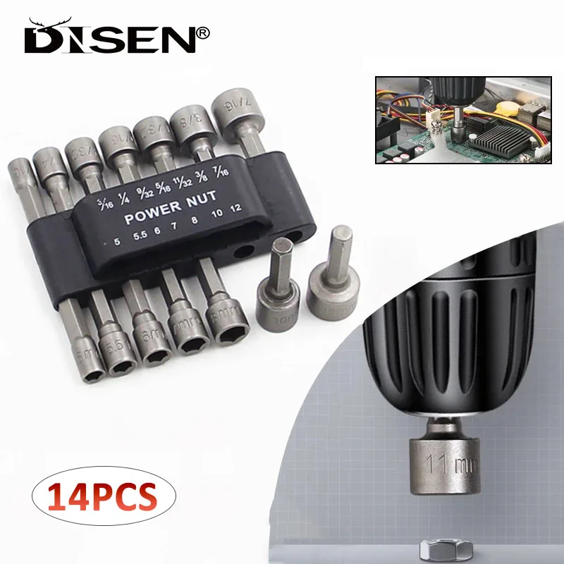 

14Pcs 5-12mm Hexagon Nut Driver Drill Bit Non-Magnetic Socket Screwdriver Wrench Set for Electric Screwdriver Handle Tool