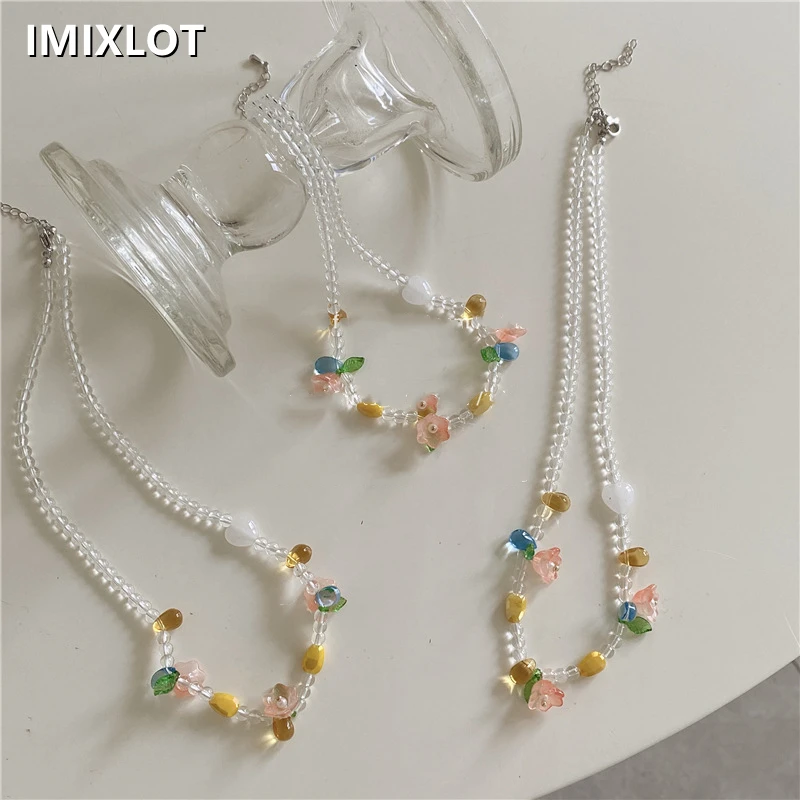 

Kpop Cute Flower Colorful Beads Clavicle Choker Necklace for Women Girls Vintage Aesthetic Crystal Jewelry EMO Y2K Accessories
