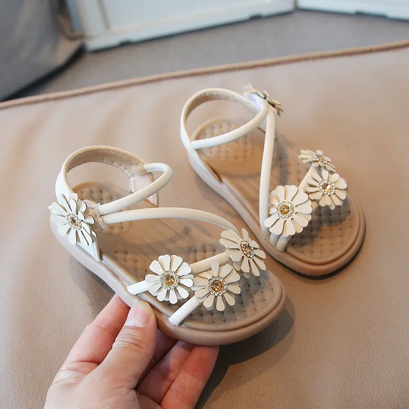 2023 Summer Girls 3D Flower Sandals Soft Anti-slip Princess Girls Beach Sandals Black White Pink Kids Footwear Sandalias