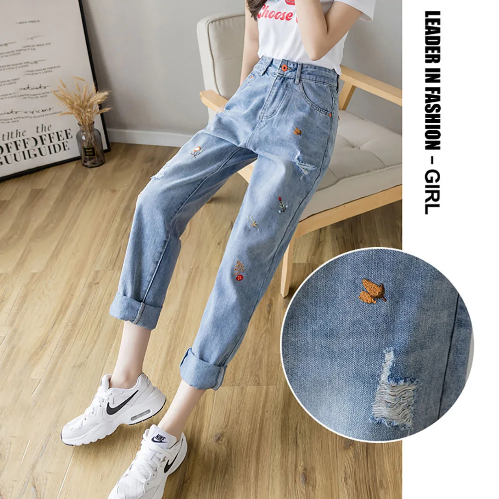 

Streetwear ripped Jeans women's high waist spring summer new Embroidered harem Pants light color nine points radish daddy Pants