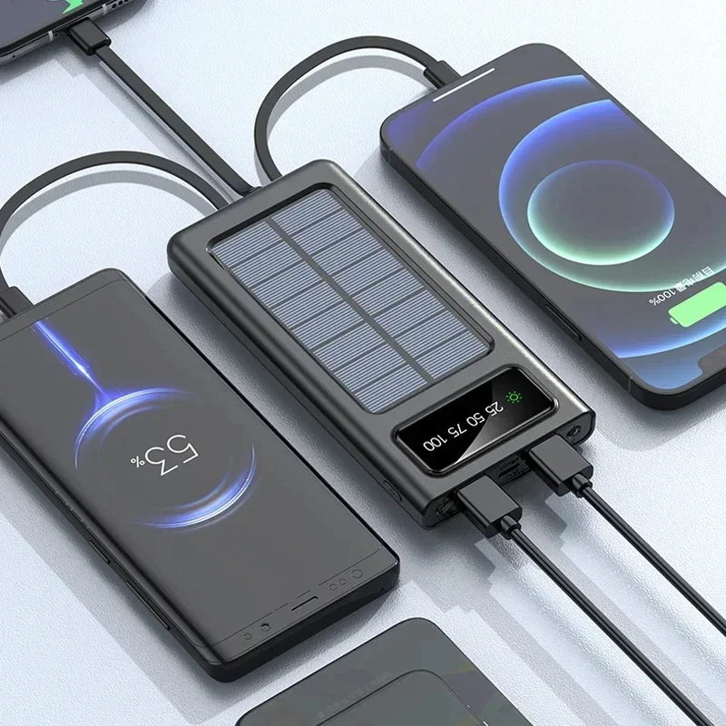 Фото Солнечный Power Bank 200000 мАч, высокая емкость, быстрая зарядка, портативное зарядное устройство с 4 кабелями для iPhone, Samsung, Huawei №3