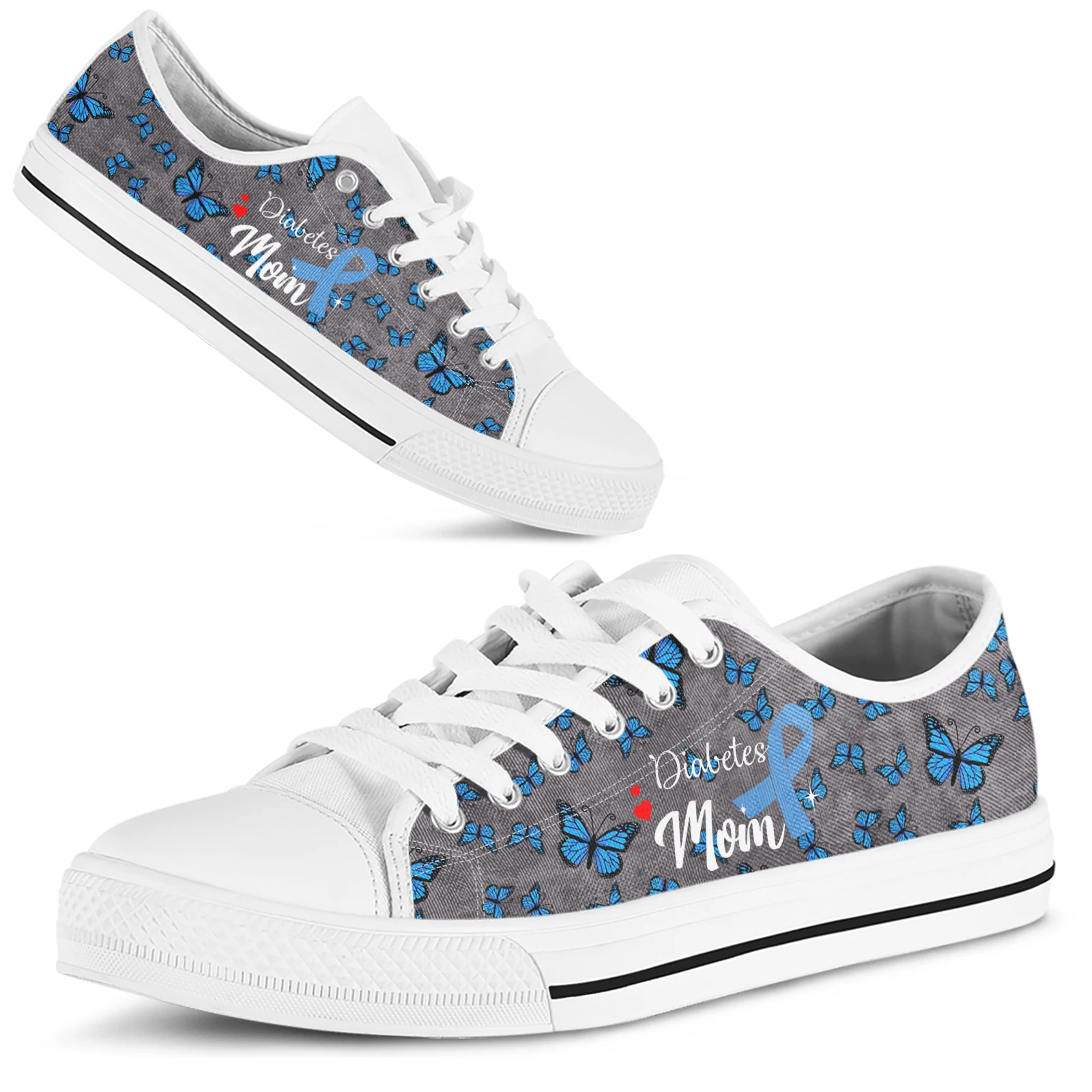 ELVISWORDS Diabetes Mom Flats Perwinkle Blue Ribbon Design Brand Canvas Shoes Butterfly Print Sport Shoes Grey Walking Shoes