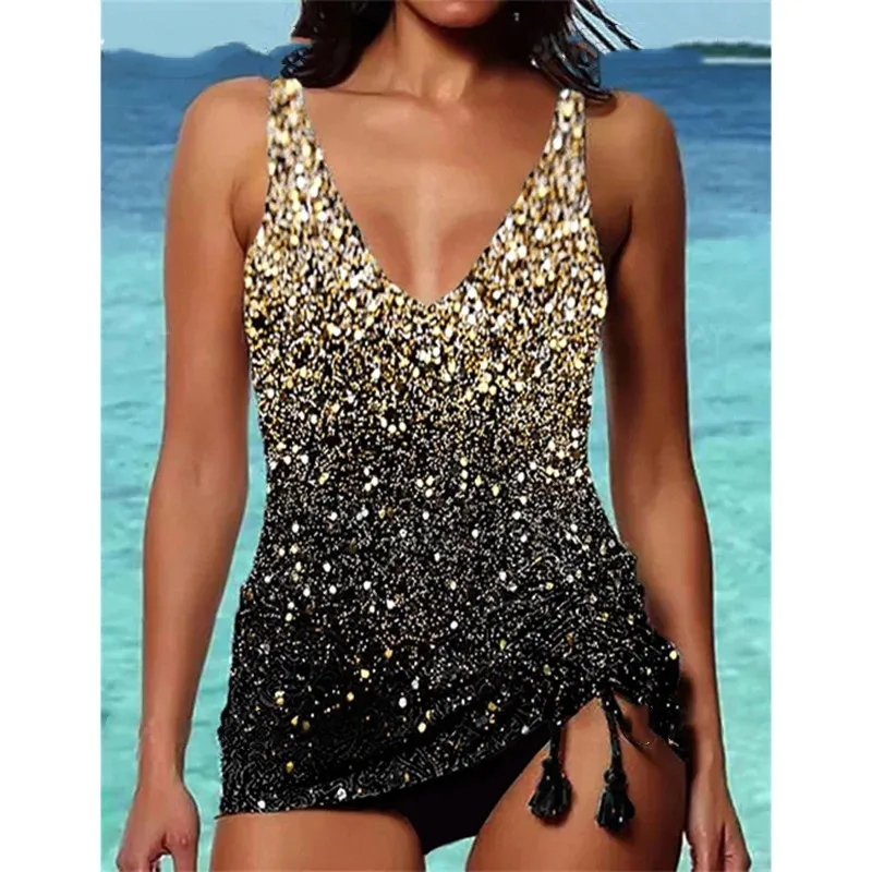 

Longer Length Tankini Women Polyester V Neck Starry Sky Printed Padded Ruched Drawstring Tassels Bikini Sexy Woman