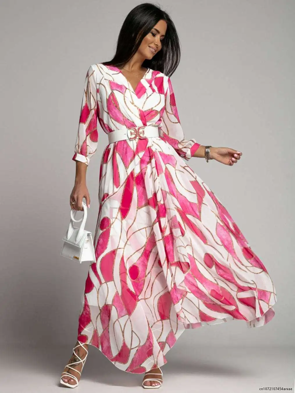 

Summer Women Long Dress Chiffon Vintage Long Sleeve V-neck Flower Print Loose Fall Dress for Casual Vacation no belt