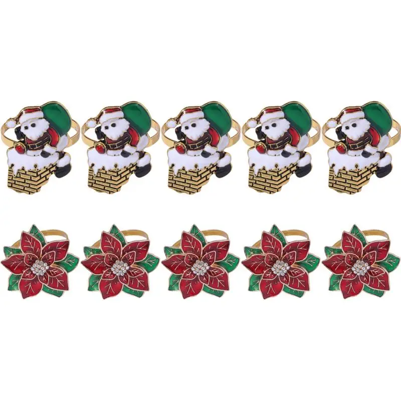

10pcs Christmas Theme Napkin Ring Santa Claus Flower Napkin Ring Holders Metal Napkin Ring for Party