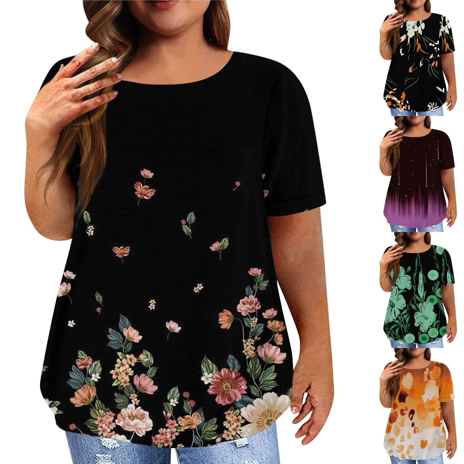 

Women's Vintage Floral Printing Pleated Short Sleeve Casual T-shirt Top Plus Size Pullover Basic Top Summer Outfits For Women 23