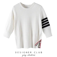 tb striped three quarter sleeve ice silk t shirt womens hollow bottoming shirt top all match short sleeved knitted sweater