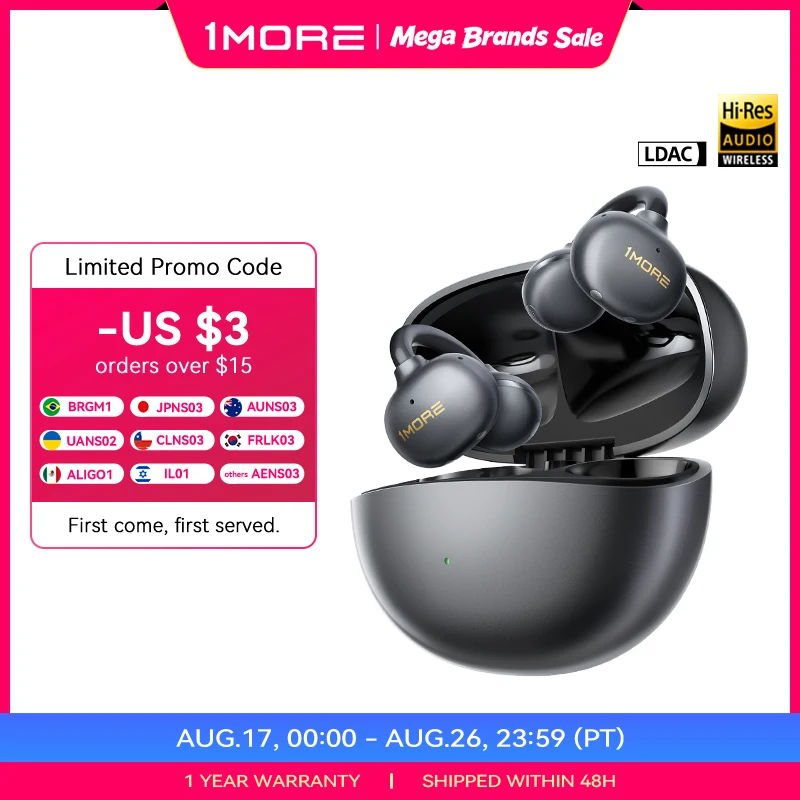 Фото Беспроводные наушники 1More Open Ear Bluetooth Earbuds S21 с Bluetooth 6.0, LDAC, Hi-Res Audio, IPX5, 26 часов работы от батареи №1