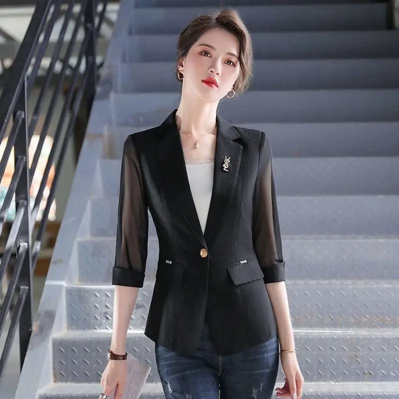 Thin Small Suit Jacket Women's Spring and Summer 2023 Korean Version Slim Mesh Thin Short Seven-sleeve Suit Blouse