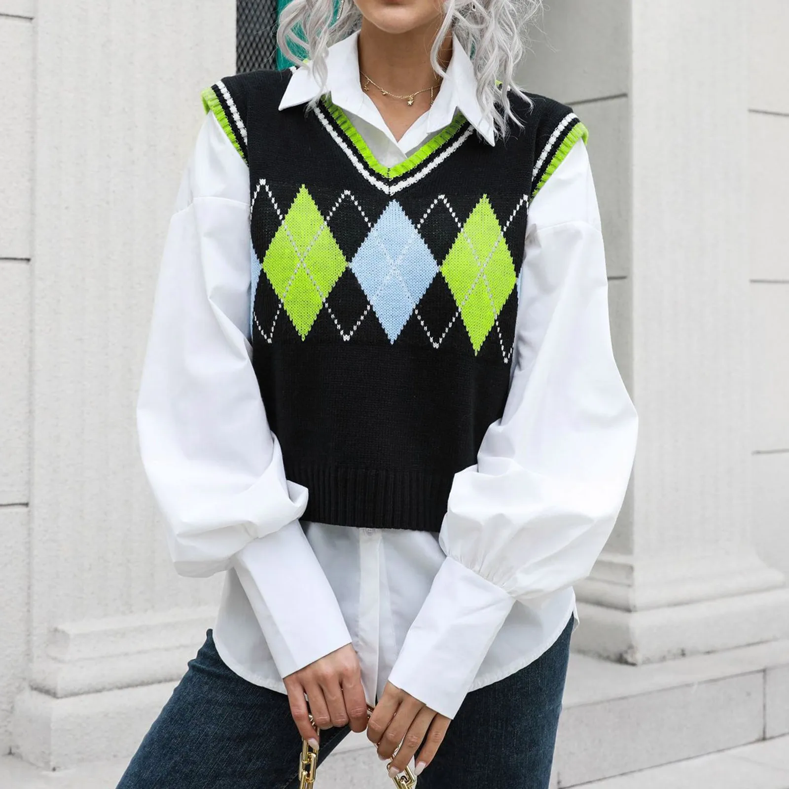 

Vintage Plaid Sweater Vest Women Rhombus Plaid Pattern V Neck College Style Sleeveless Knitted Pullover Top y2k Streetwear