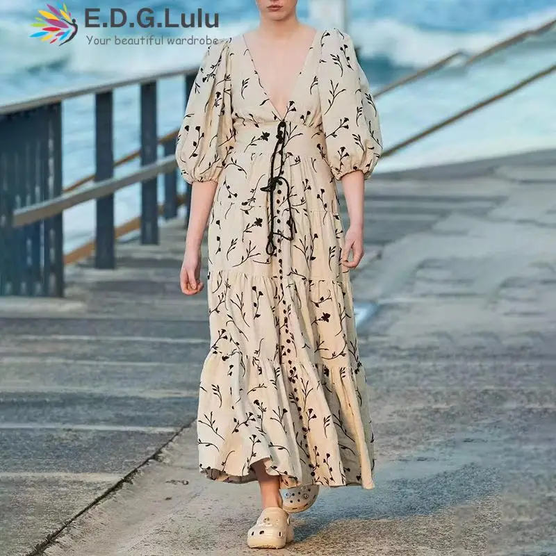 

EDGLuLu Leisure Beach V-Neck Puff Sleeve Summer Dresses Woman 2023 Fashion Print Loose Long Dress Holidays Bohemia Dress 0702