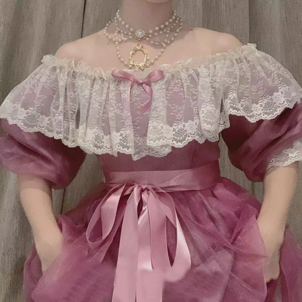 

Summer Retro Lolita Princess Dress Woman Vintage Violet Organza Lace Slash Neck Puff Sleeve Gorgeous Royal Long Dresses Vestido
