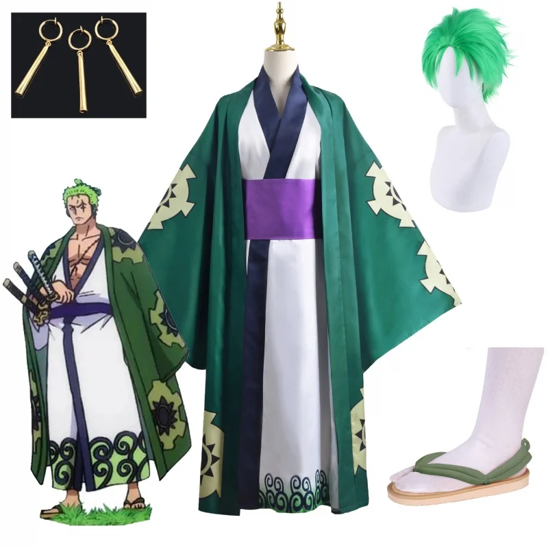 

Roronoa Zoro Cosplay Costume Anime One Wano Piece Kimono Robe Cloak Belt Full Suit Outfit For Woman Men