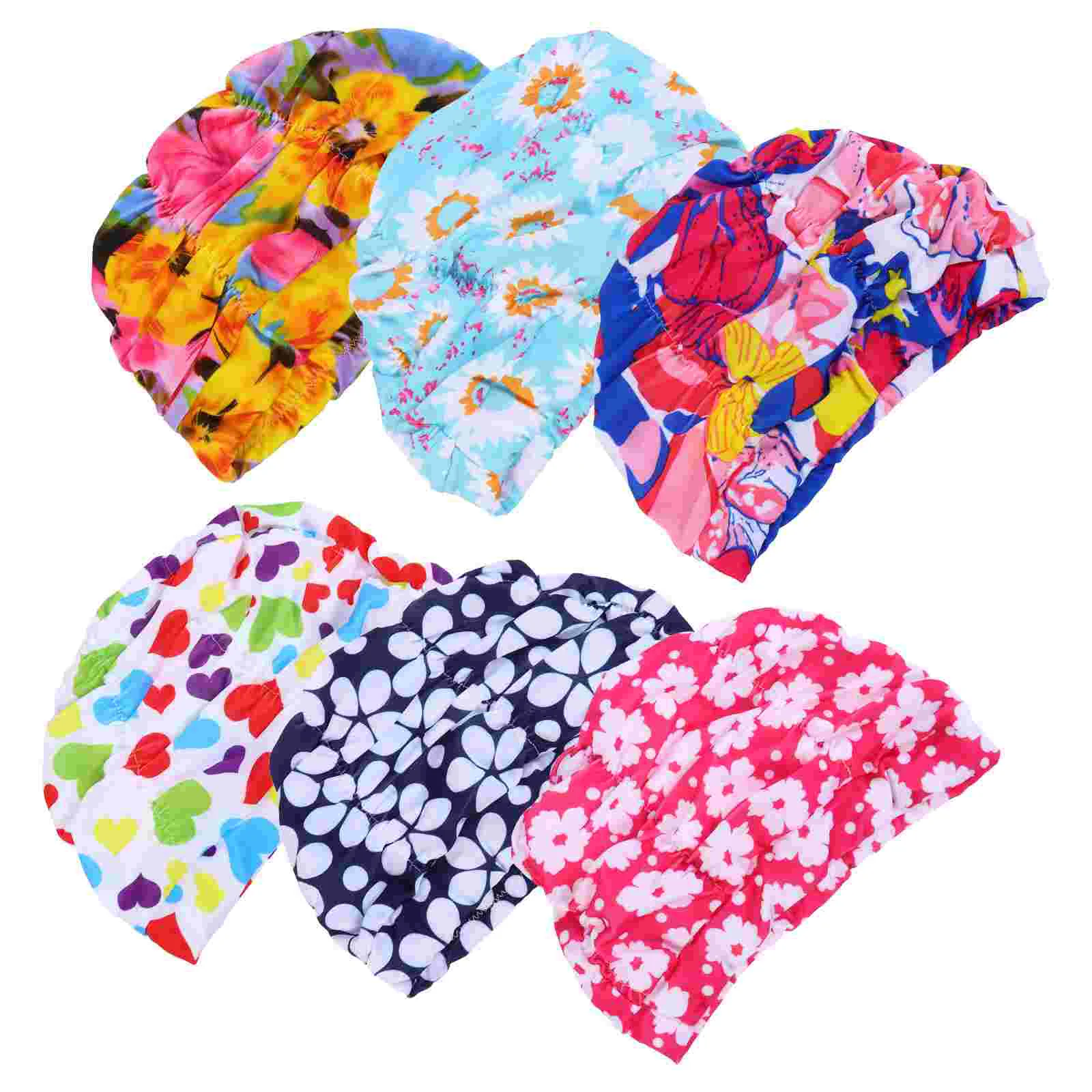 

6pcs Pleated Adorable Swimming Caps Waterproof Elastic Swim (Random Pattern)