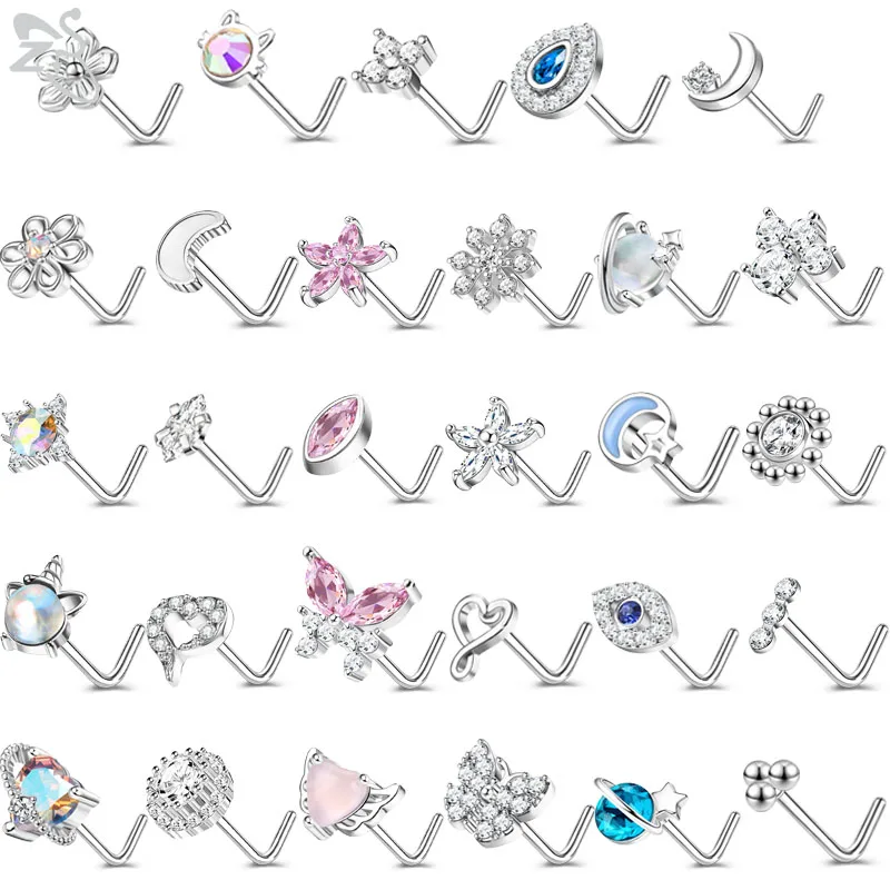 

ZS 1PC 20G 316L Stainless Steel Nose Piercing Heart Butterfly Moon Cat CZ Crystal Nose Studs Screw L-Shaped Nostril Piercings
