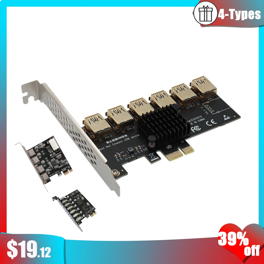 

USB Райзер-карта PCI-E для майнинга BTC, PCI Express, от 1 до 2/4/6/7 USB, 3,0 портов, PCIE 1X адаптер для DOS, Linux, Windows XP/7/8/10