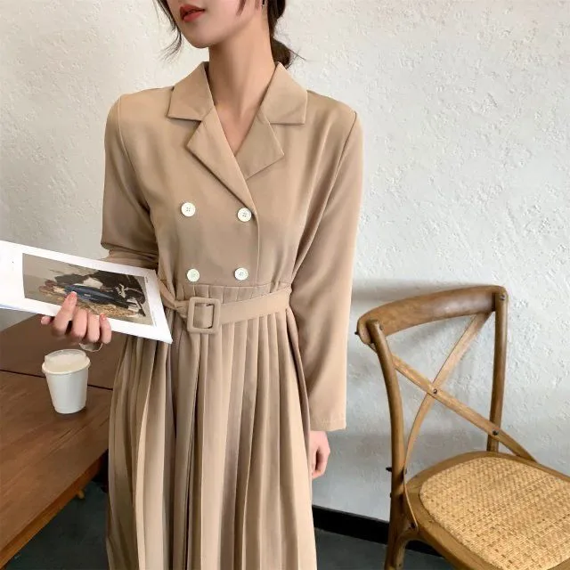 

A-line v-neck buttons stitching pleated women dress belt Office notched mini blazer Spring dress Female long sleeves