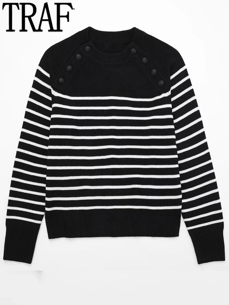 

TRAF Knitted Striped Sweater Woman Black Knit Sweater Women Winter 2022 Button Long Sleeve Top Female Pullover Cropped Sweater
