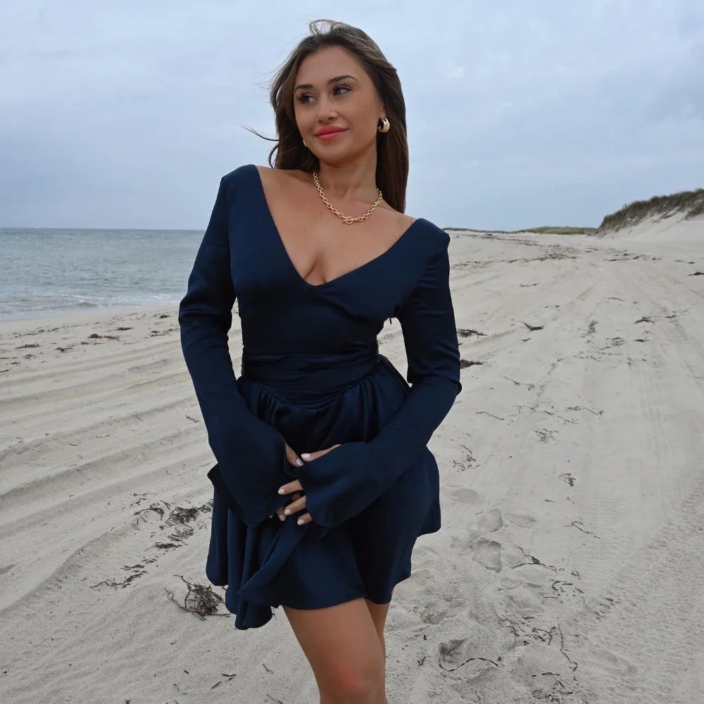 Осенне-зимние платья Mingmingxi с длинным рукавом для женщин 2023 платье V-образным