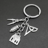 hot sale new fashion architect house design tools keychain hammer ruler pencil combination keychain jewelry gift