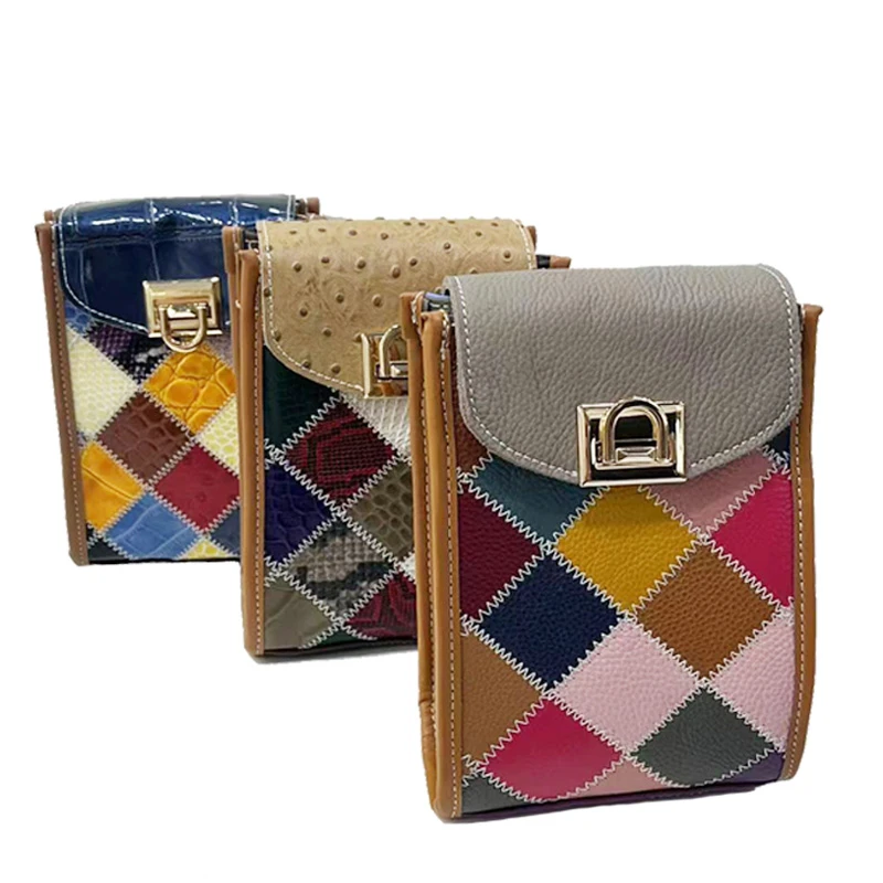 Annmouler Fashion Women Shoulder Bag Genuine Leather Messenger Bag Cow Leather Patchwork Phone Bag Colorful Crossbody Bag