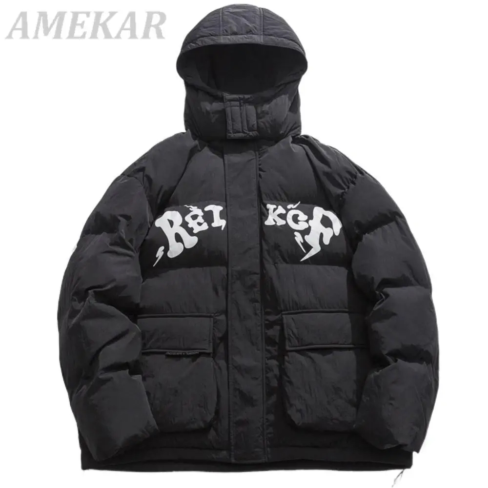 Winter Men Hooded Jackets Parkas Streetwear Solid Color Thicken Warm Puffer Jacket Hip Hop Fashion Harajuku Casual Bubble Coats