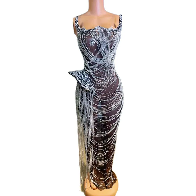 Соблазнительное роскошное длинное платье стразы с цепочками и кристаллами Сетчатое прозрачное вечернее платье для выпускного вечера, праздничное платье, одежда для певицы и клуба