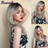 annisoul light blonde ombre brown long straight synthetic wigs for women natural highlights wig with bangs cosplay lolita hair