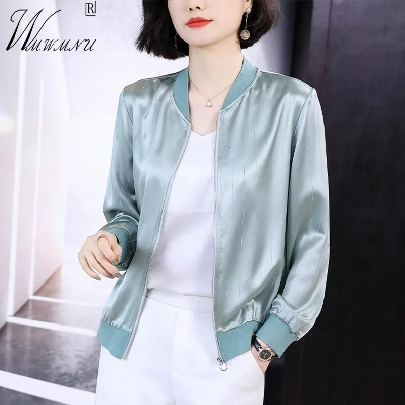 Mom's Thin Bomber Jacket Casual Faux Silk Cropped Jacket Female Stripe Long Sleeves Women Top Korean Fashion Zip Up Cardigan