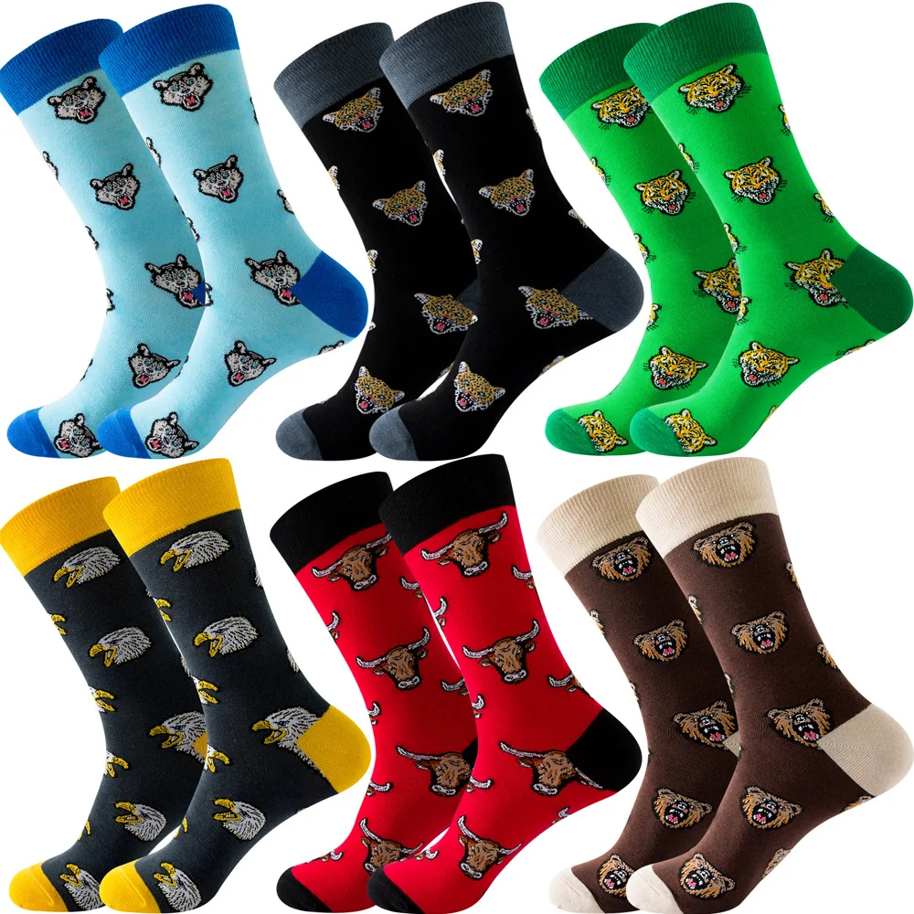 

Fashion Socks Cool Men Animal Head Tiger Bull Eagle Wolf Bear Leopard Patton Street Style Big Size New Mens Socks Cotton Tube